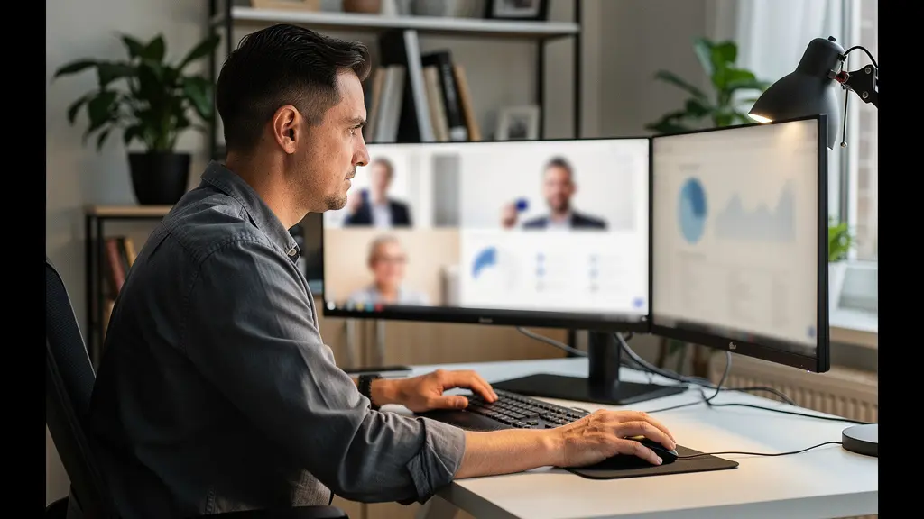 Remote sales representative working from home office with dual monitors showing data visualization