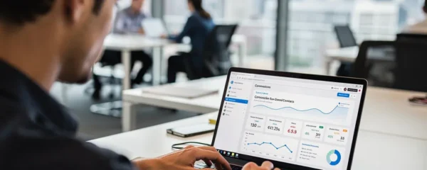 RevOps professional reviewing sales commission dashboard in modern office environment