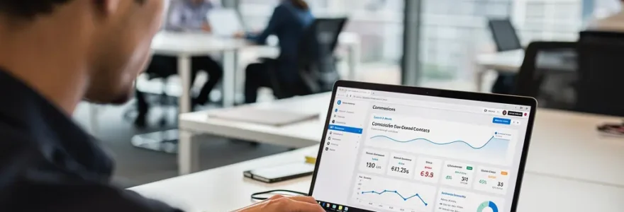 RevOps professional reviewing sales commission dashboard in modern office environment