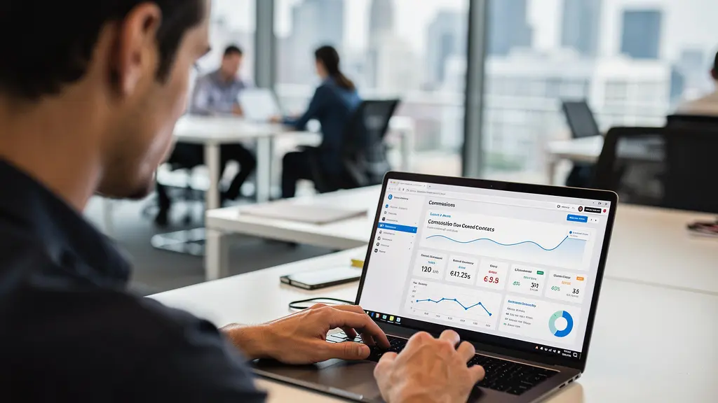 RevOps professional reviewing sales commission dashboard in modern office environment