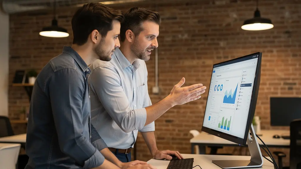 Two RevOps professionals collaborating at standing desk reviewing commission analytics
