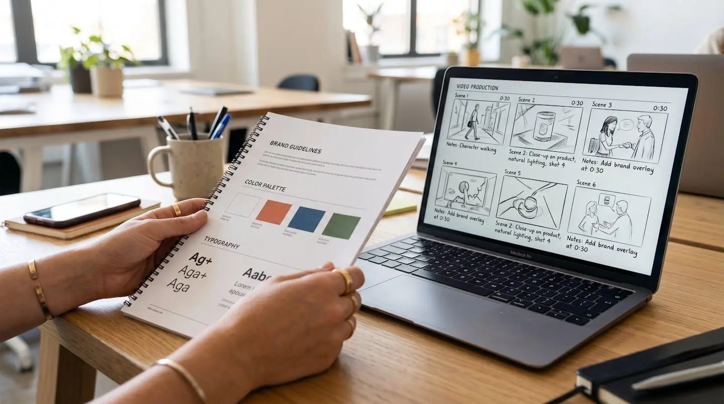 Extreme close-up of hands holding a printed brand guidelines document next to a laptop displaying a video storyboard, shallow depth of field