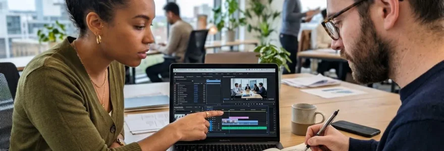 Two marketing professionals collaborating over a laptop in a bright modern office, reviewing video content together in a natural working moment