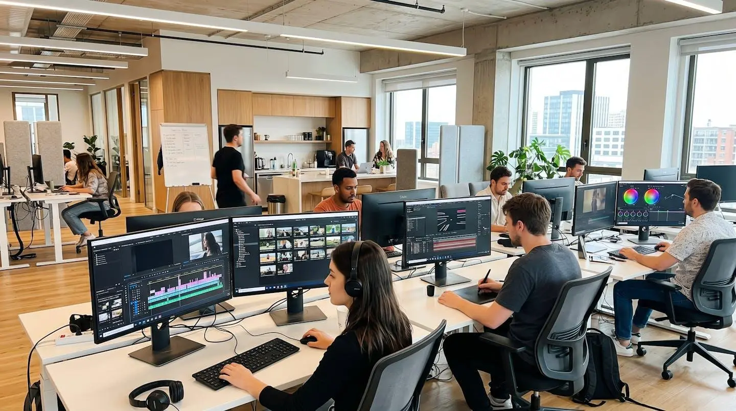 Wide angle shot of a modern collaborative workspace with multiple monitors displaying video editing timelines and brand asset libraries, bright contemporary office environment